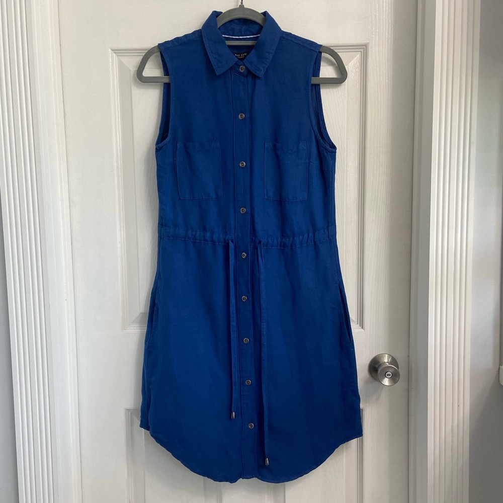 Max Jeans Shirt Dress Size XS Blue Linen Blend Sleeveless Full Button Up